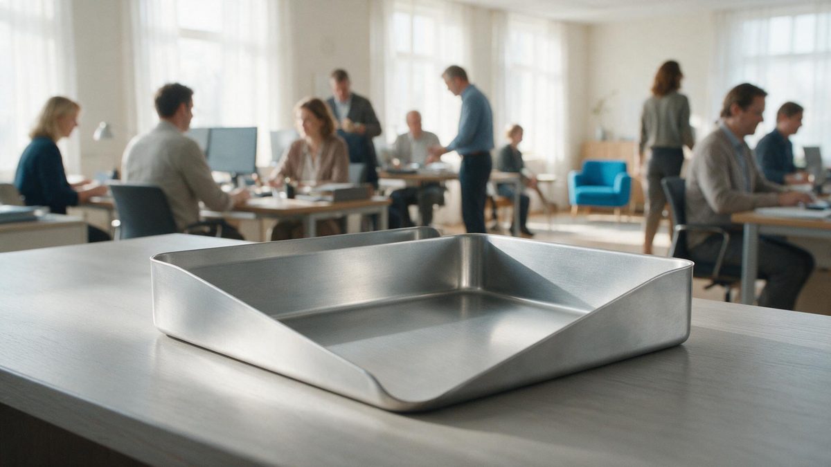 Leere Dokumentenablage im Vordergrund, dahinter unscharf ein arbeitendes Büro