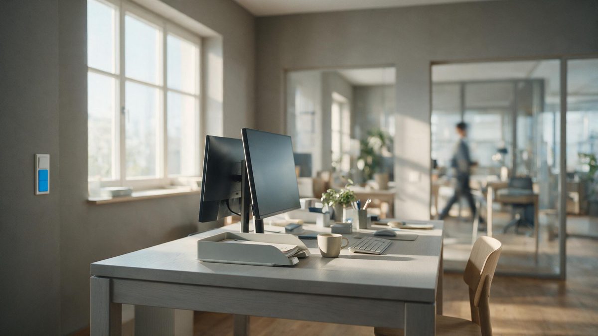Aufgeräumter Arbeitsplatz in einem Maklerbüro am Morgen, die Dokumentenablage ist leer